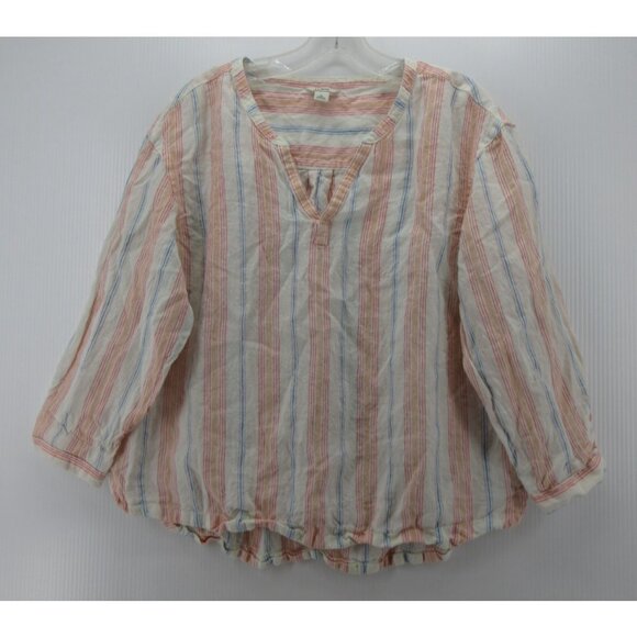 LL Bean Top Large Linen Blouse Striped Boho Peasant Summer Beach - Picture 1 of 10
